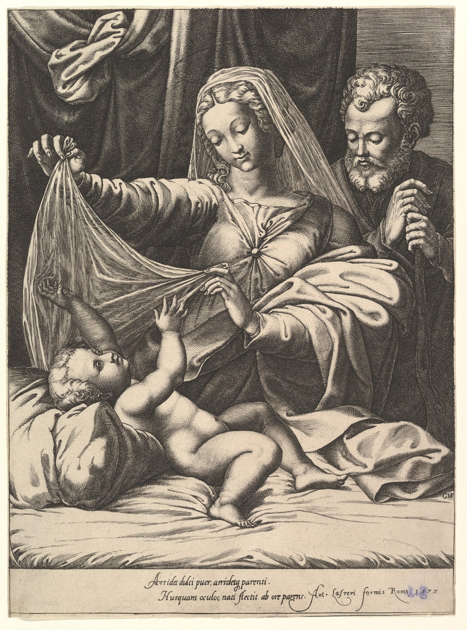 Madonna of Loreto, the Virgin Lifts a Veil Above the Child, Who Lies on a Bed and Pillow by Giorgio Ghisi