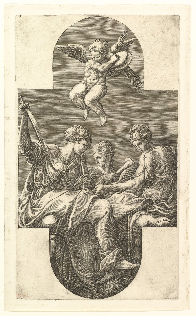 Three Muses and a Putto with Cymbals, a Cruciform Composition, from a Series of Eight... by Giorgio Ghisi
