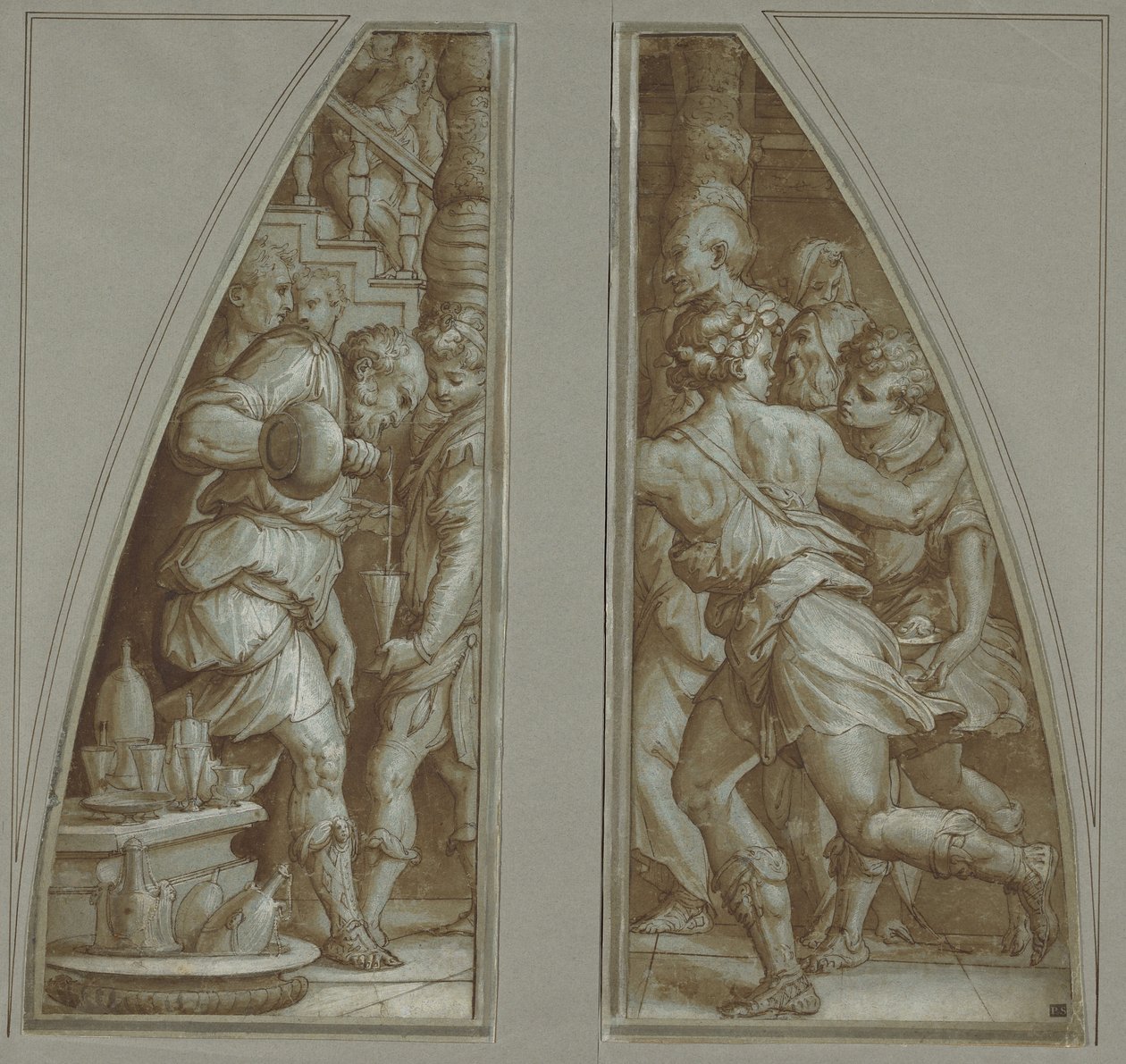 Bearded Man Filling a Glass and Youth Running by Giorgio Vasari