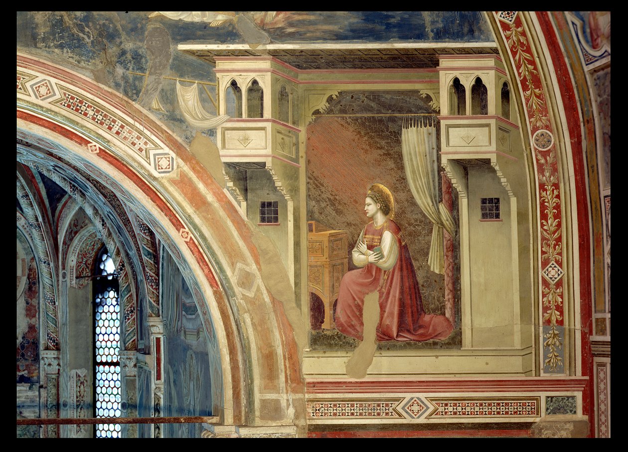 The Annunciation, detail of the Virgin kneeling, from the lunette above the altar, c.1305 by Giotto (c.1266 1337)