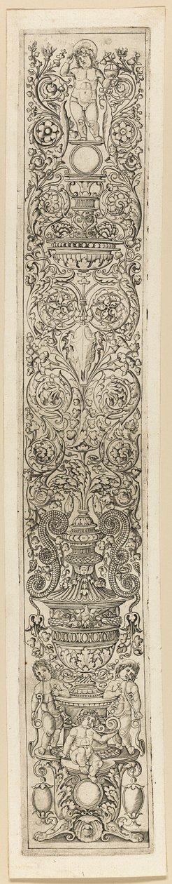 Three Children Blowing Horns, plate eight of Twelve Ornament Panels by Giovan Pietro Birago