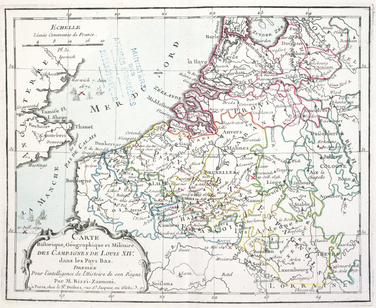 Map Showing the Military Campaigns of Louis XIV in the Low Countries, from Atlas Géographique et Militaire, Published in Paris, 1763 by Giovanni Antonio Rizzi Zannoni