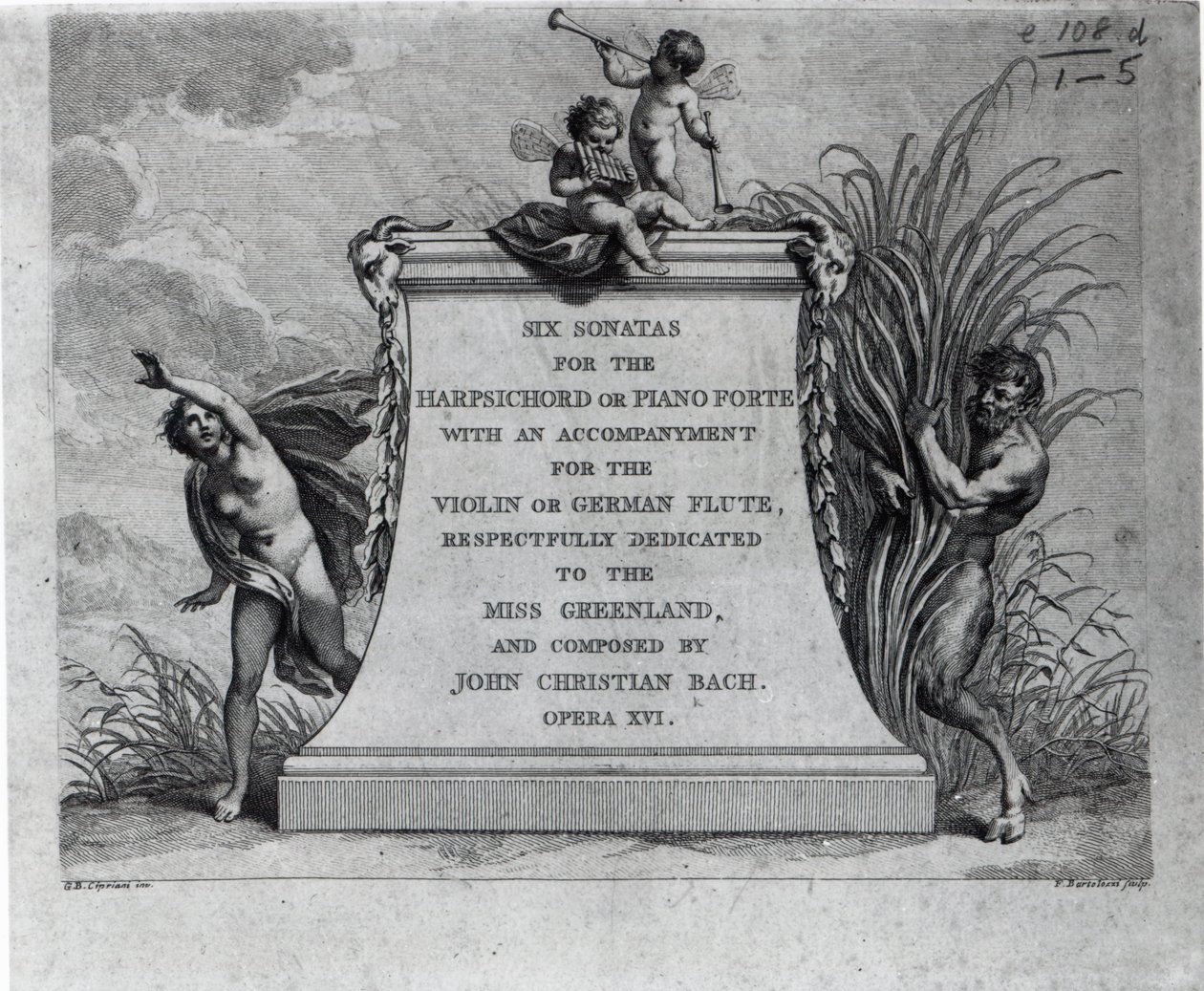 Frontispiece for six sonatas by John Christian Bach, dedicated to Miss Greenland, engraved by Francesco Bartolozzi by Giovanni Battista Cipriani