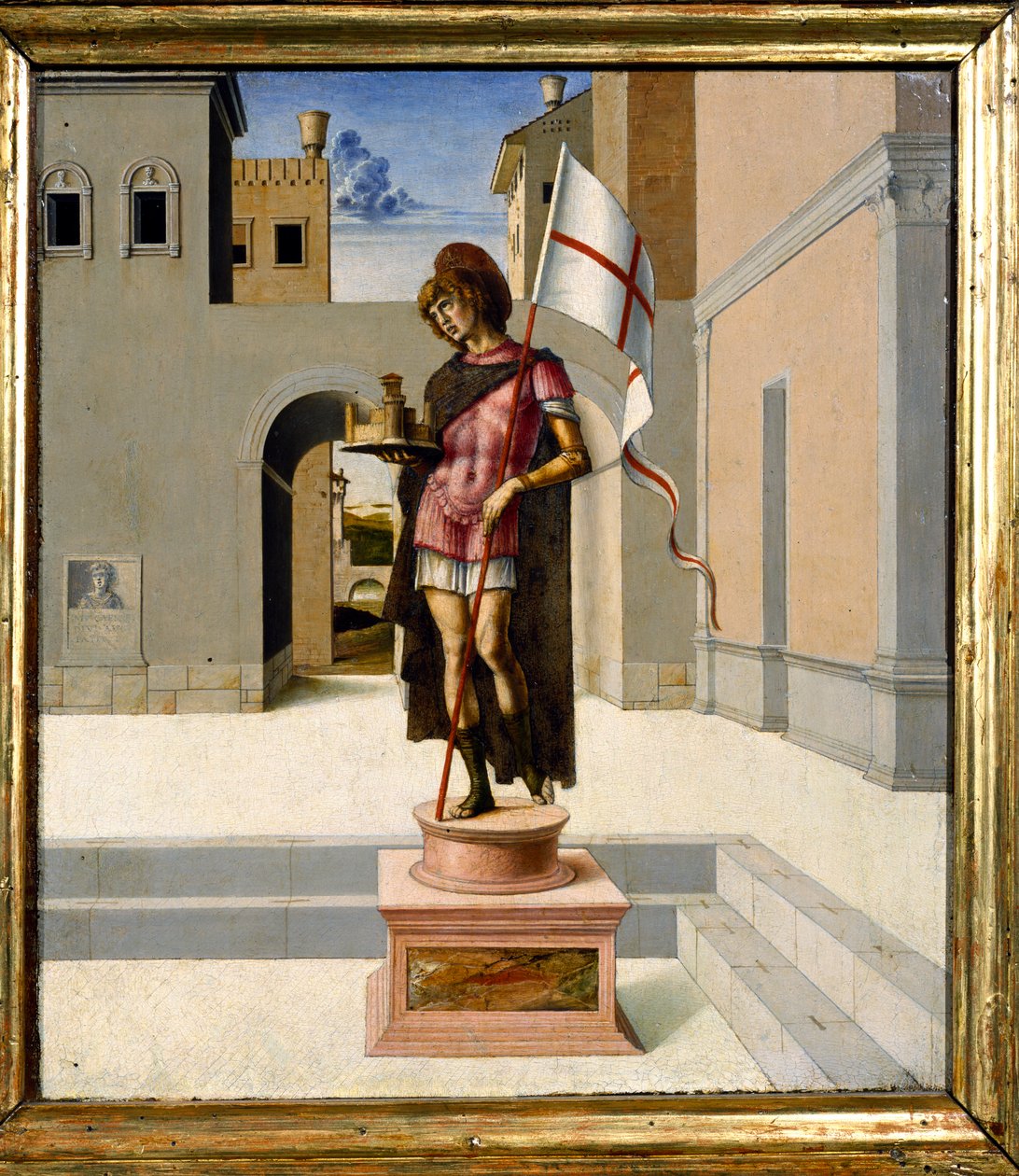 St. George depicted as a polychrome statue in a town square, predella by Giovanni Bellini