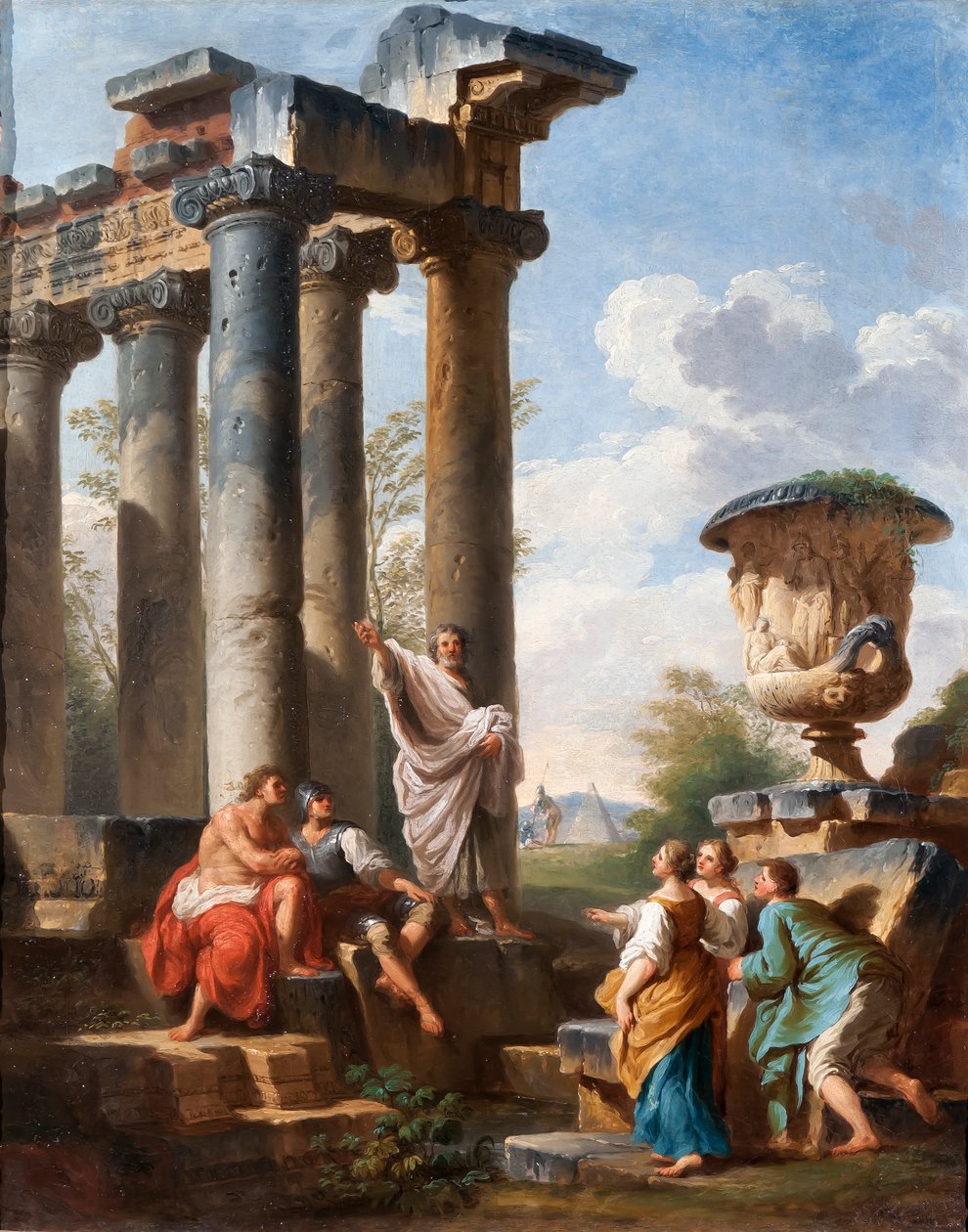 Capriccio with the preaching of a saint, the Medici vase, a ruined temple and the Pyramid of Cestius by Giovanni Paolo Pannini