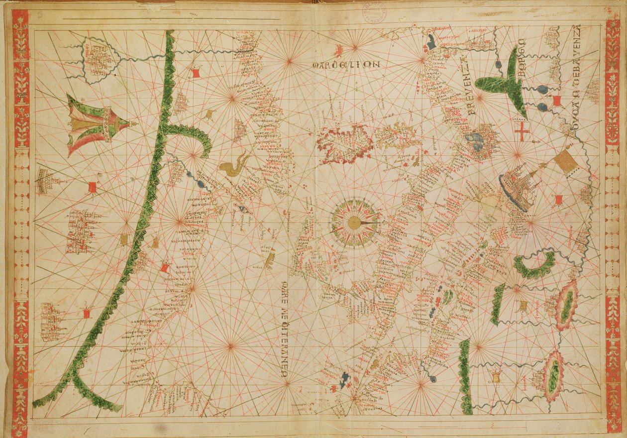 The Central Mediterranean, from a nautical atlas, 1520 by Giovanni Xenodocus da Corfu