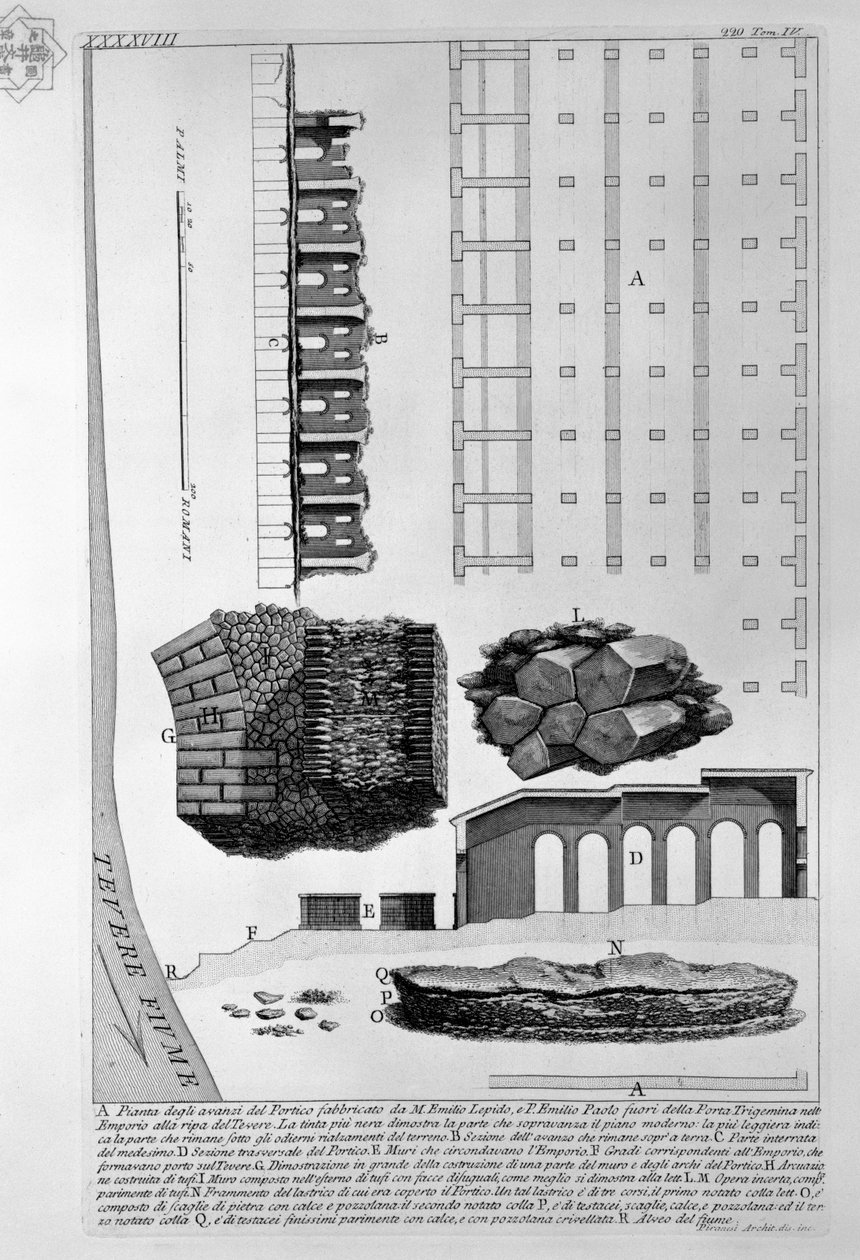 Demonstration of the Remains of the Portico Built by M. Aemilius Lepidus and P. Aemilius Paullus Outside the Porta Trigemina in the Emporium on the Bank of the Tiber by Giovanni Battista Piranesi
