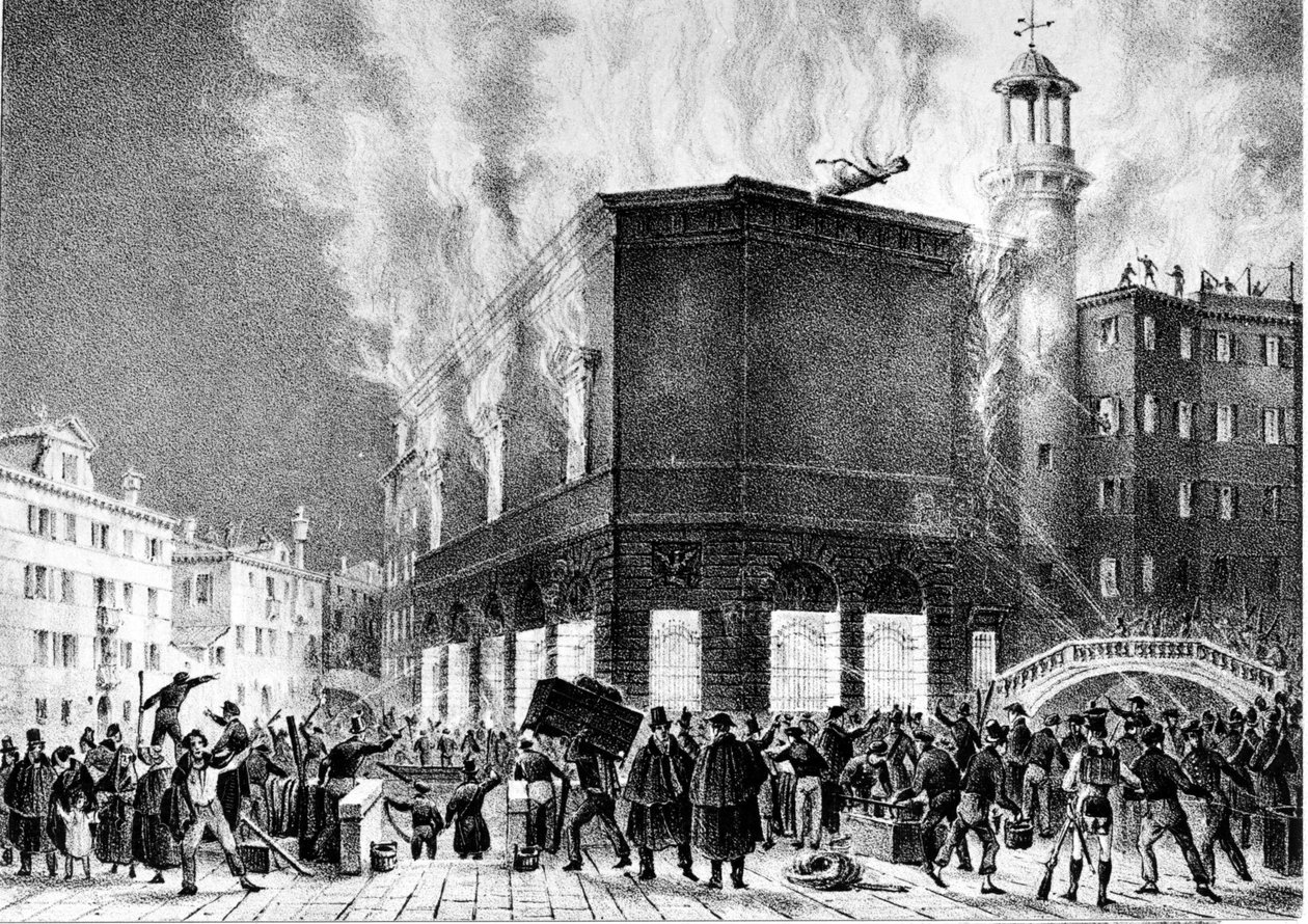 The fire of the theatre of La Fenice in Venice, in 1836. Engraving by Giovanni Pividor. Milan, Conservatory G. Verdi by Giovanni (after) Pividor