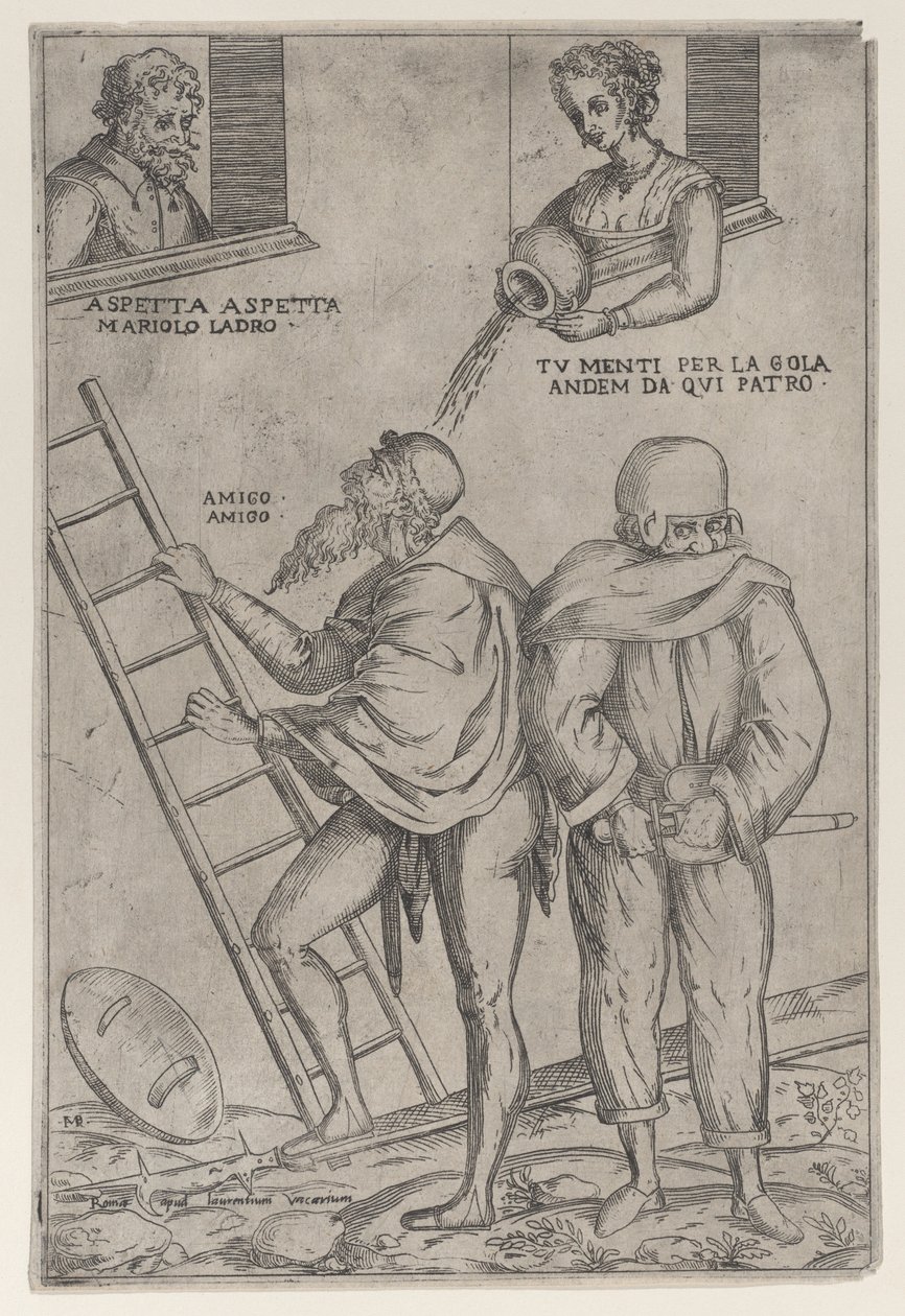 A Man Climbs a Ladder While a Woman Throws Water on Him from Above by Giovanni Ambrogio Brambilla