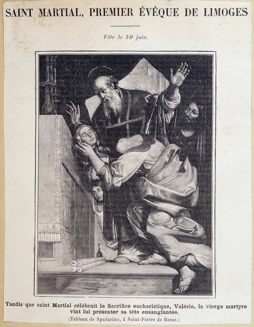 Saint Martial, first bishop of Limoges. During the celebration of the Eucharistic sacrifice, the Virgin Valerie comes to present her bloody head to Saint Martial. Engraving after Spadarino painting by Giovanni Antonio Galli