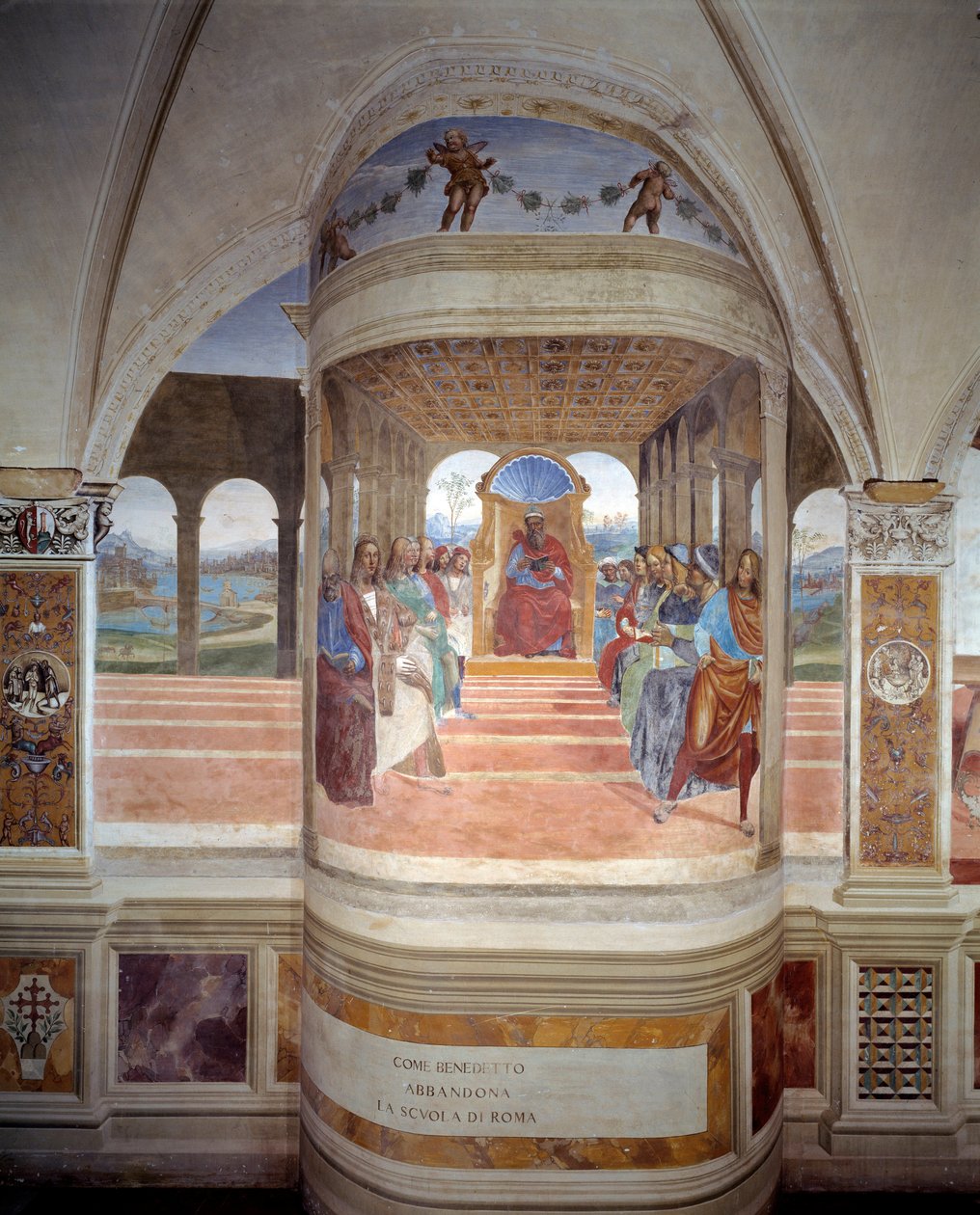 St Benedict leaves the school of Rome, fresco of the cloister by Antonio Bazzi recounting the life of Saint Benedict of Nursie, 1503-1508, Abbey of Monte Oliveto Maggiore by Giovanni Antonio Bazzi Sodoma