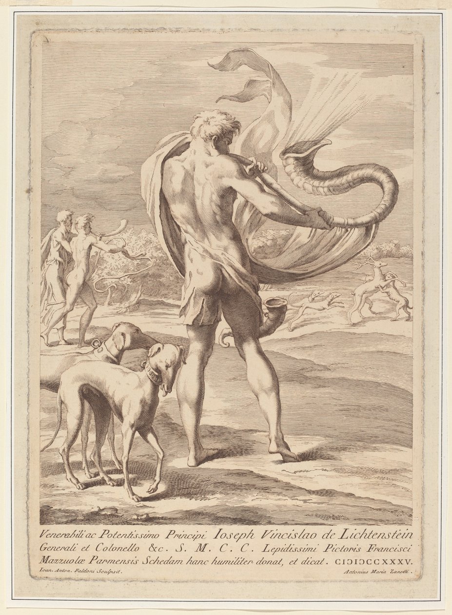 Nude Man Blowing a Conch by Giovanni Antonio Faldoni after Parmigianino
