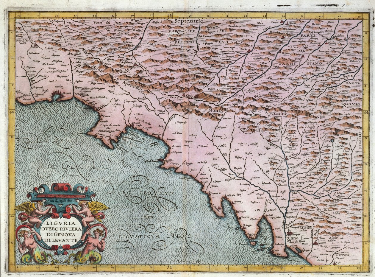 Map of Eastern Liguria Region, by Giovanni Antonio Magini, Bologna, Copper Engraving by Giovanni Antonio Magini