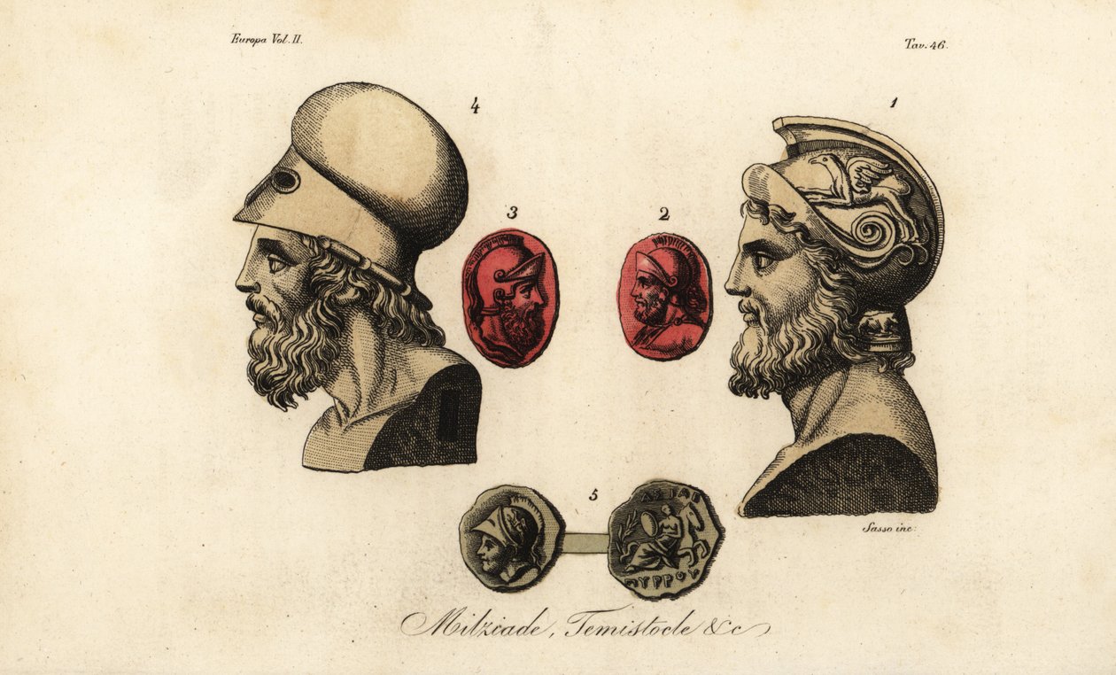 Busts and gems of Athenian politicians Miltiades the Younger, Themistocles, and King Pyrrhus I by Giovanni Antonio Sasso