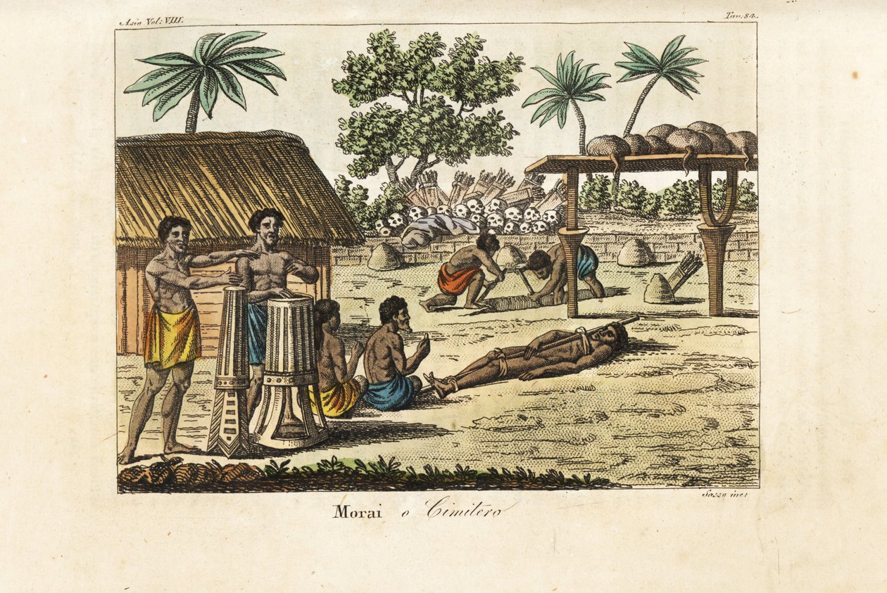 Human sacrifice in a sacred marae or cemetery, Tahiti by Giovanni Antonio Sasso