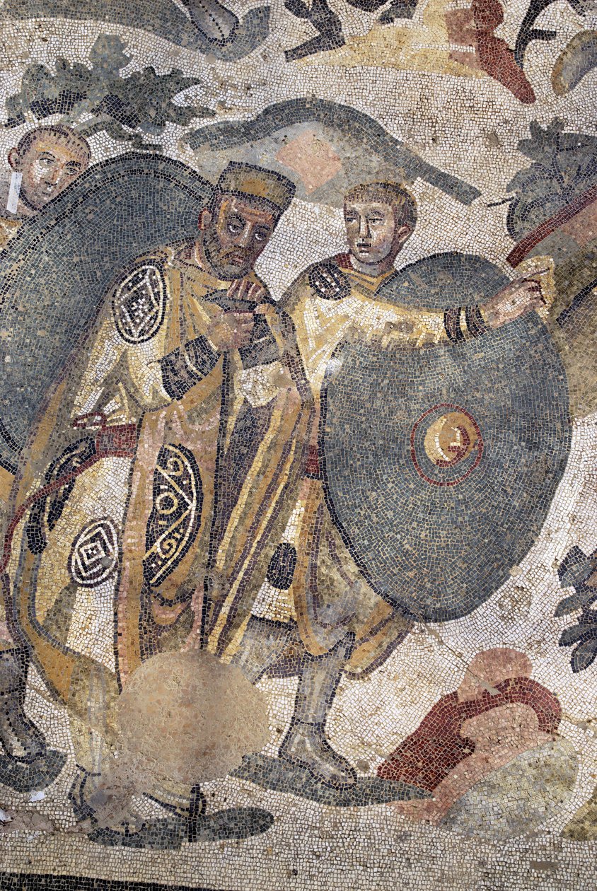 Roman art: (detail) The great hunting party. A lord during the hunt. 315-350 AD. Piazza Armerina, Villa Romana del Casale. Sicily, Italy. by Phillipe de Marlier