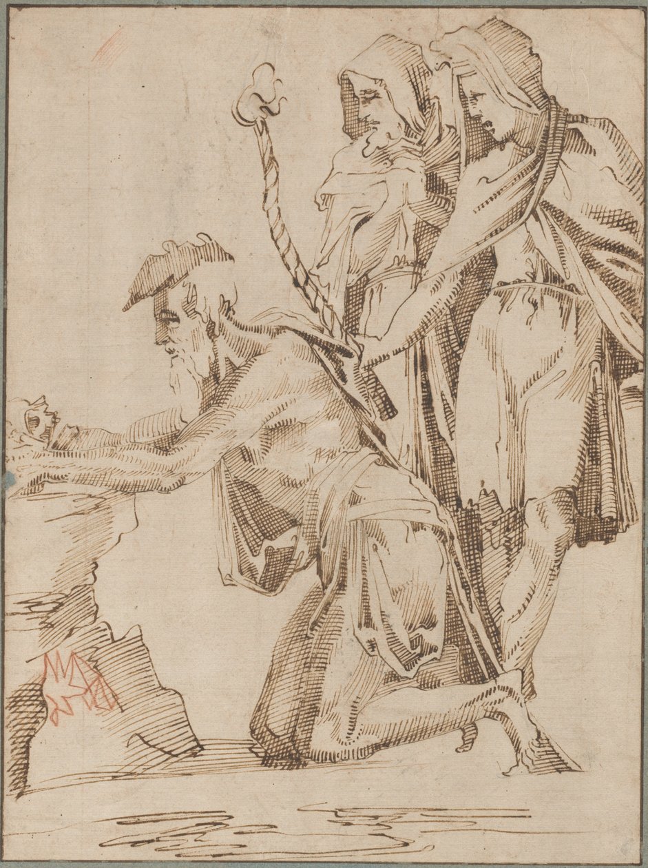 Kneeling Hermit and Two Draped Figures Contemplating a Skull by Giovanni Bandini