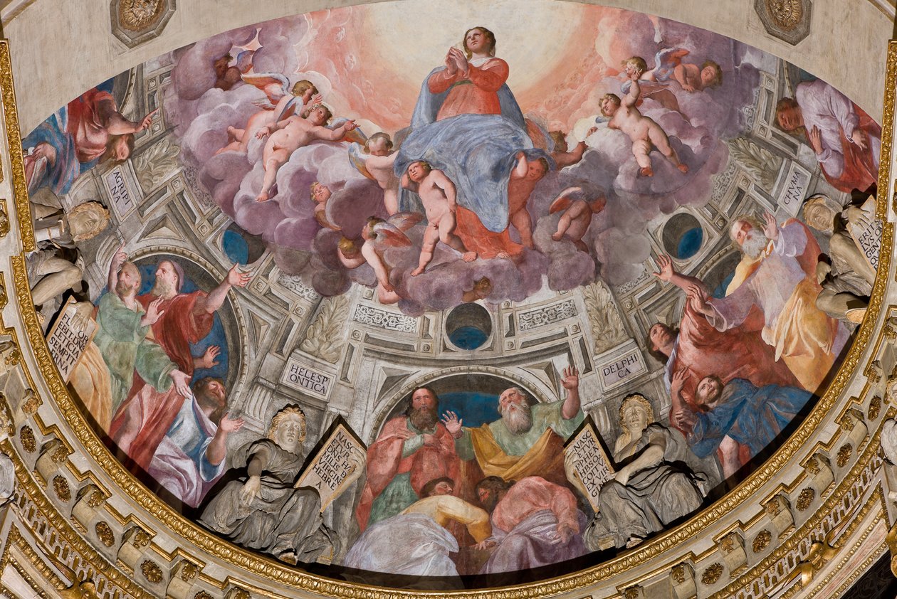Genoa, Duomo (St Lawrence Cathedral), inside, The Lercari Chapel or The Chapel of the Blessed Sacrament (Northern apse), apse: "Assumption of the Virgin", fresco by Giovanni Battista Castello known as Bergamasco by Giovanni Battista Castello