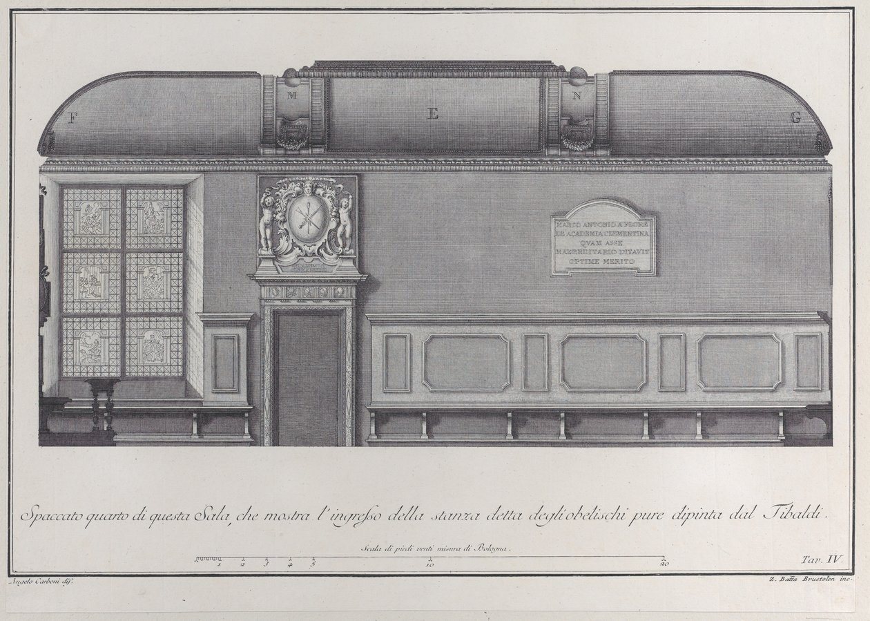 Plate 4: cross-section of the Hall of the Institute of Bologna, with the entrance to the right, 1756 by Giovanni Battista Brostoloni