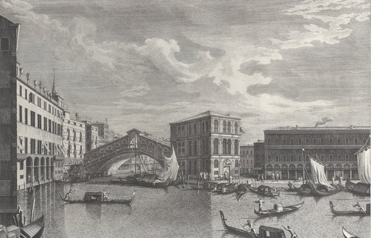 The Rialto Bridge, Venice, with Boats and Gondolas in the Water by Giovanni Battista Brostoloni