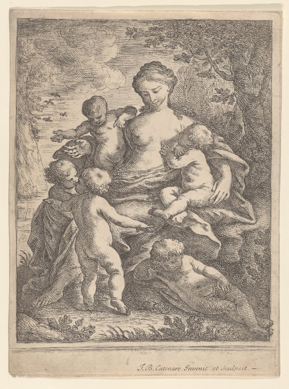 Charity, seated in a landscape surrounded by five nude children, 1692-1727 by Giovanni Battista Catenaro