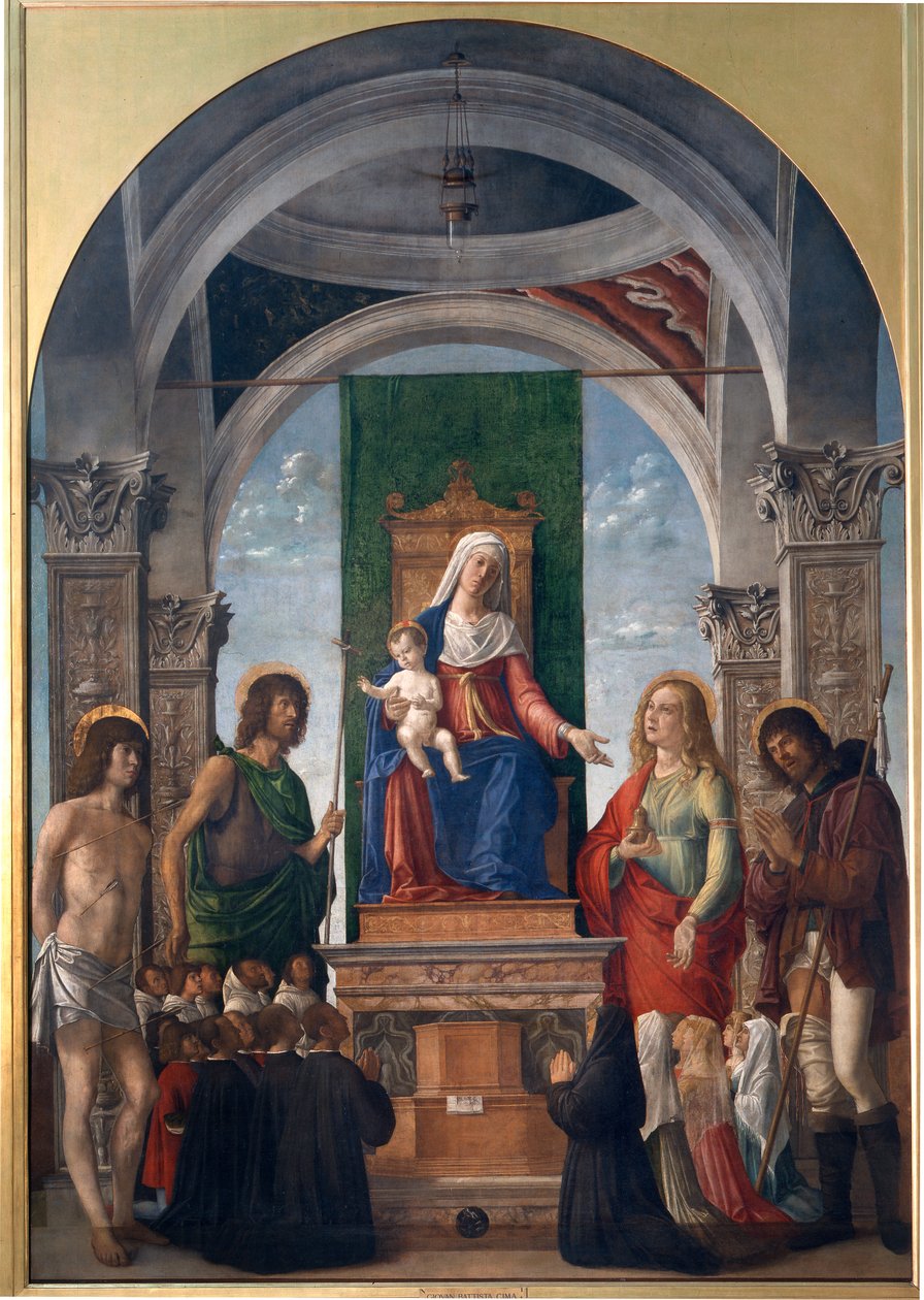Madonna and Child Enthroned with St. Sebastian, St. John the Baptist, St. Mary Magdalene, St. Roch and Members of the Confraternity of San Giovanni Evangelista by Giovanni Battista Cima da Conegliano