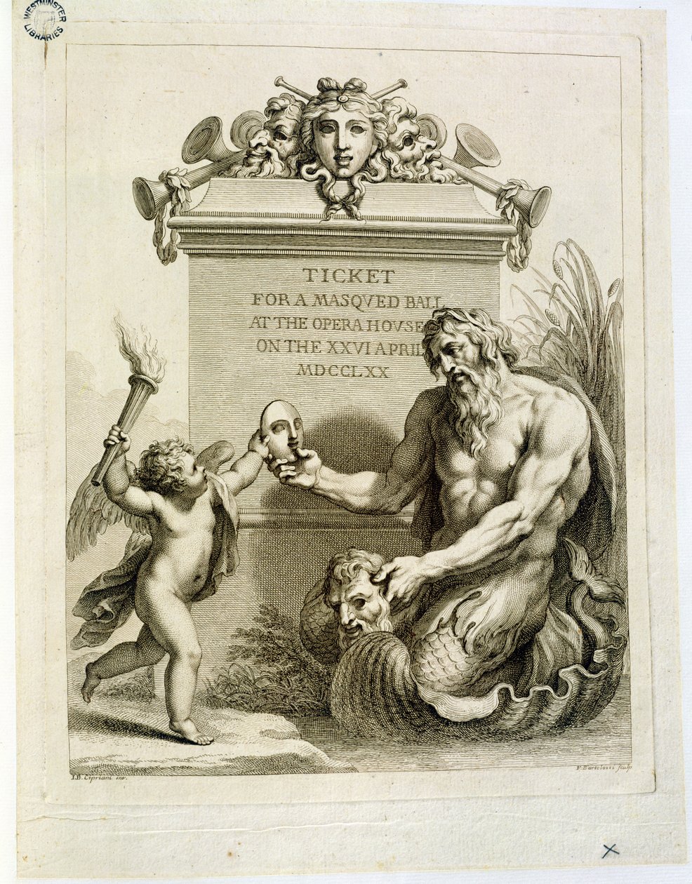 Ticket for a Masked Ball at the Opera House on the 26th April, engraved by Francesco Bartolozzi by Giovanni Battista Cipriani