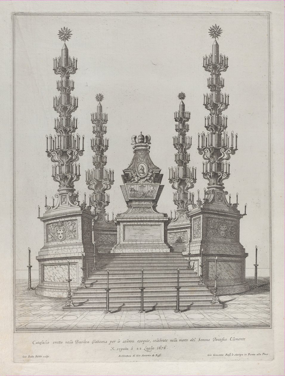Catafalque for Pope Clement X: a central structure raised on a 15 stepped platform by Giovanni Battista Falda