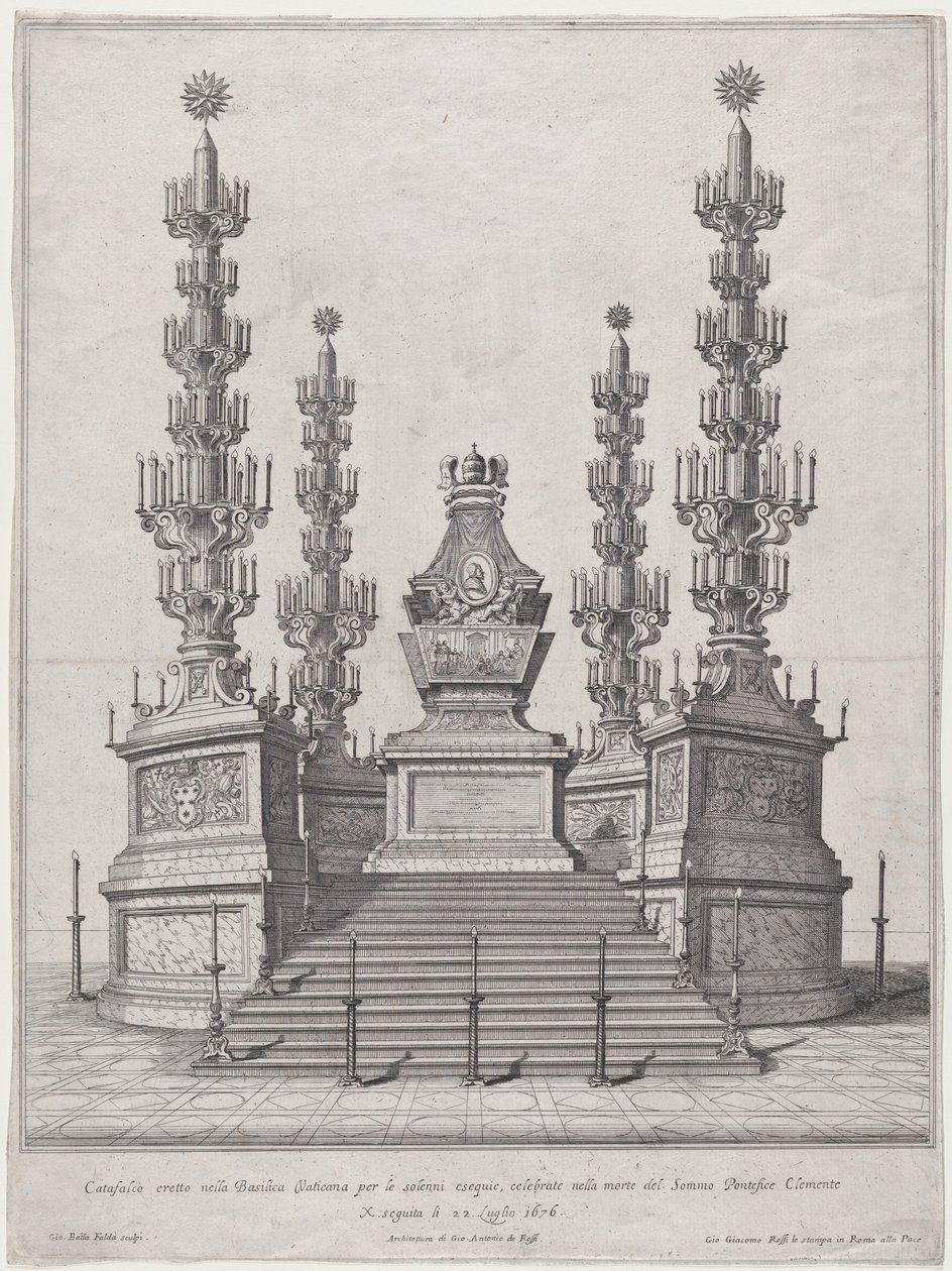 Catafalque for Pope Clement X, central structure at the top of a fifteen step platform by Giovanni Battista Falda