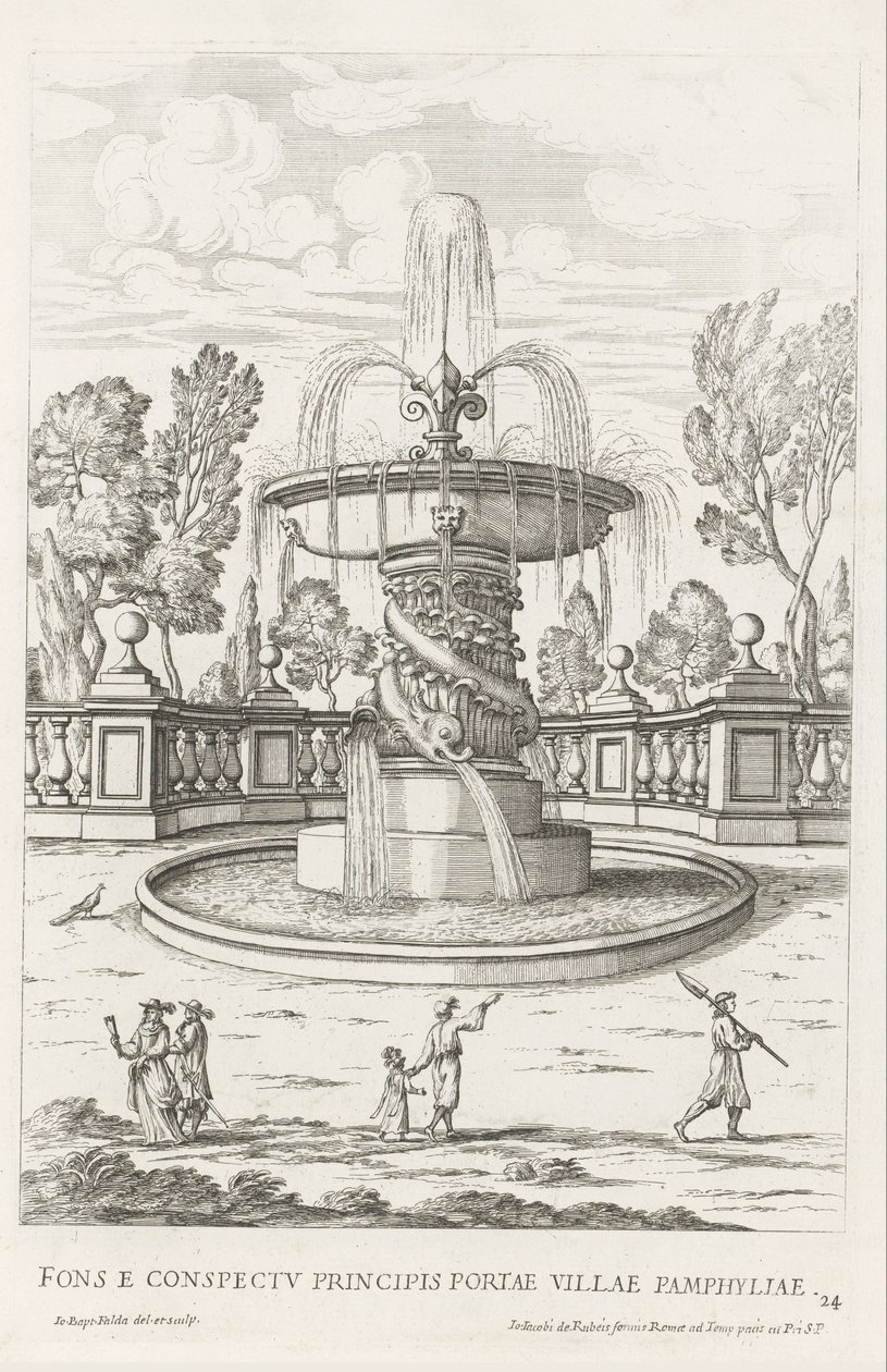 Fountain with Dolphins in the Gardens of Villa Doria Pamphilj in Rome (Le fontane ne palazzi e ne giardini di Roma) by Giovanni Battista Falda