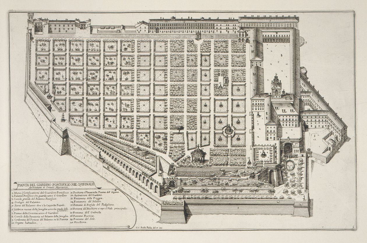Papal Garden and Palace of the Quirinale, from Il Nuovo Teatro della Fabriche et Edifici in Prospettiva di Roma Moderna, published c.1665-69 by Giovanni Battista Falda