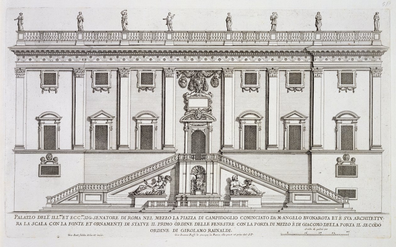 View of the Facade of Palazzo Senatorio in Piazza del Campidoglio, Rome, begun by Michelangelo Buonarroti and completed by Girolamo Rainaldi by Giovanni Battista Falda