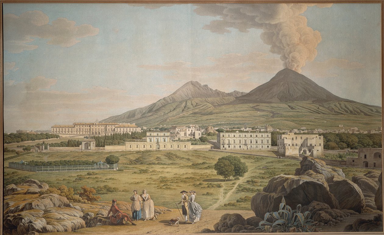 The Slopes of Vesuvius from Portici with a View of the Bourbon Palace, by Giovan Battista Lusieri by Giovanni Battista Lusieri