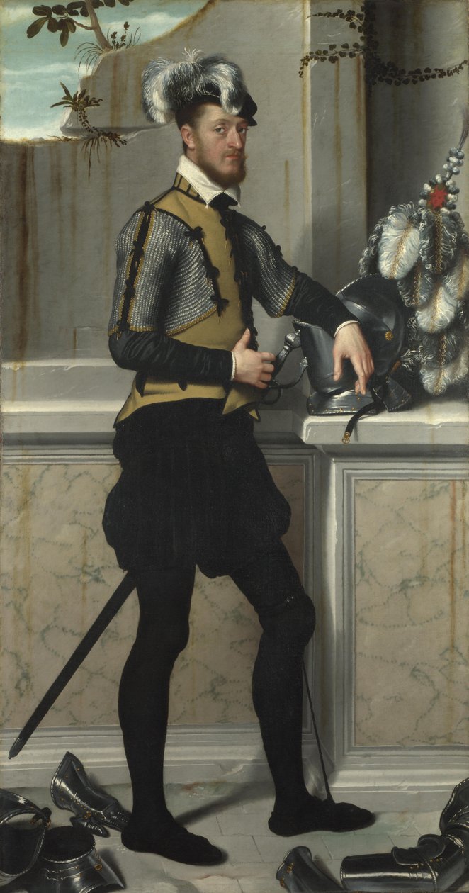 A Knight with his Jousting Helmet Il Cavaliere dal Piede Ferito, Conte Faustino Avogadro, ca 1554 by Giovanni Battista Moroni