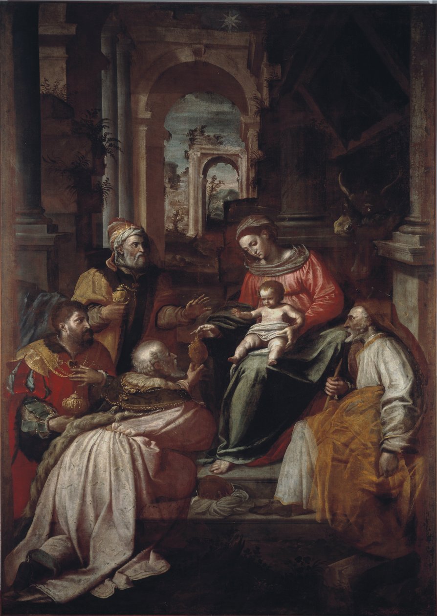 Adoration of the Magi. Painting by Giovanni Battista Perolli 1567 Genes, Museo Diocesano by Giovanni Battista Perolli