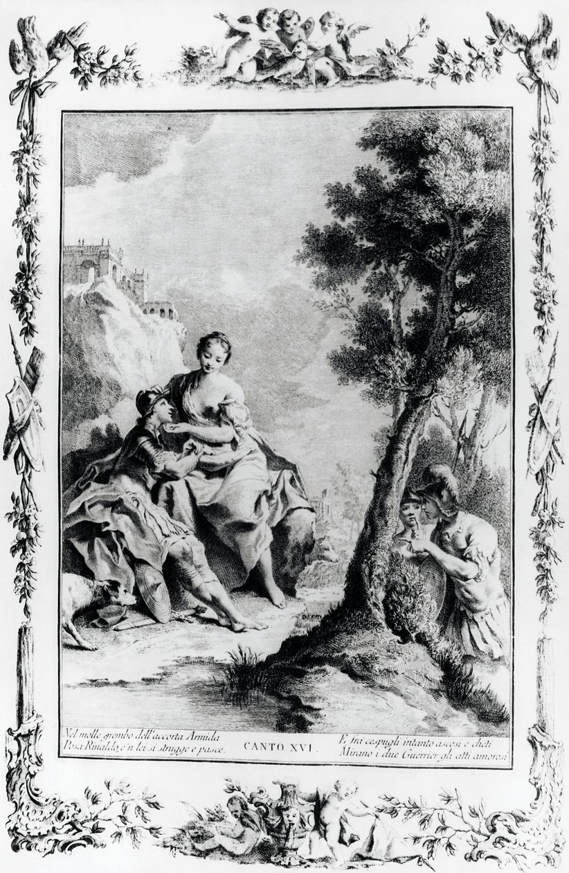 Armida and Rinaldo seen by Crusaders Carlo and Ubaldo, canto XVI, Jerusalem Delivered by Giovanni Battista Piazzetta