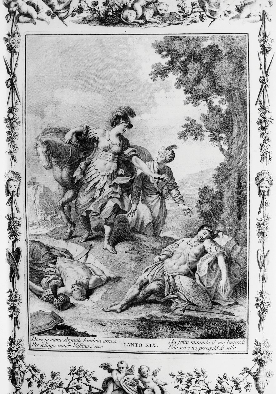 Erminia coming across wounded Tancredi, Canto XIX, Jerusalem delivered by Giovanni Battista Piazzetta