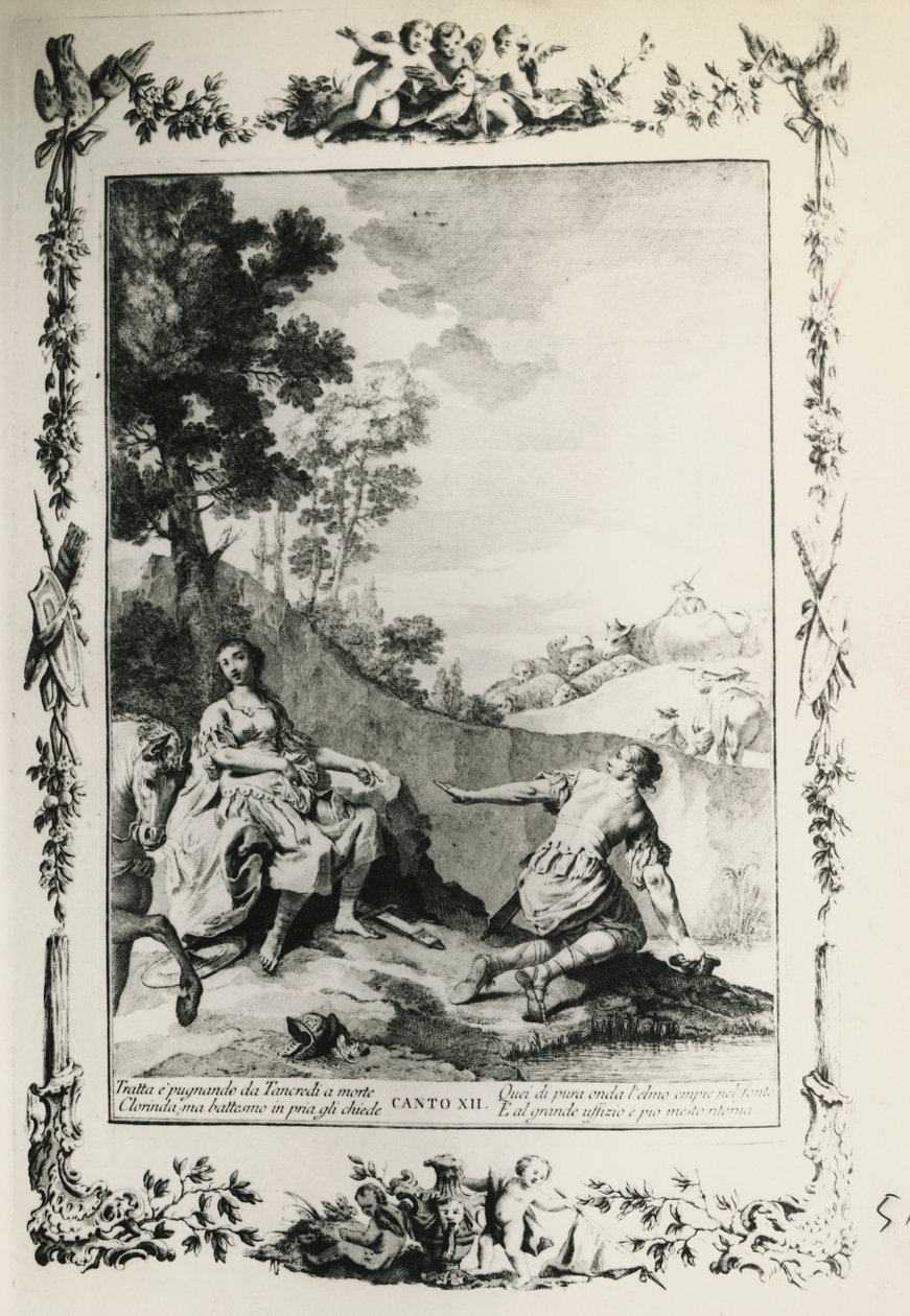 Jerusalem Delivered, canto XII, illustration by Giovanni Battista Piazzetta for poem by Torquato Tasso, edition published in Venice in 1745, Italy by Giovanni Battista Piazzetta