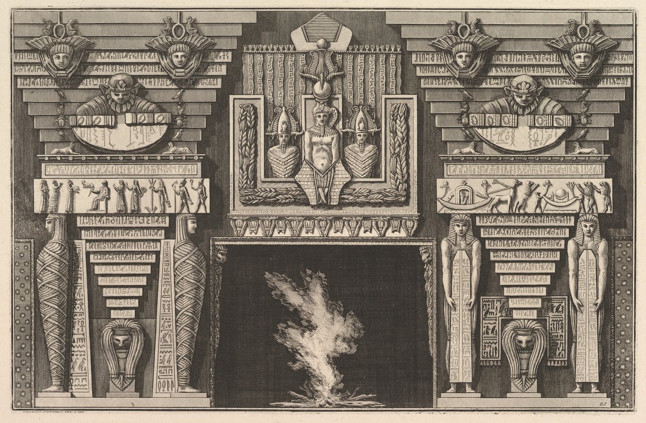 Chimneypiece in the Egyptian style: Two mummies in profile on the left and two figures by Giovanni Battista Piranesi