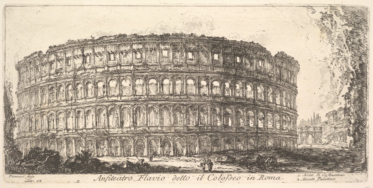 Plate 12: Flavian Amphitheater, called the Colosseum. Arch of Constantine. Palatine Hill by Giovanni Battista Piranesi
