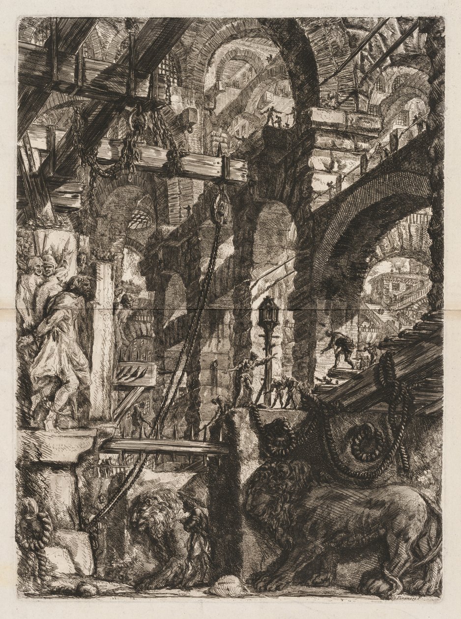 The Prisons: A Perspective of Roman Arches, with Two Lions Carved in Relief on Stone Slabs in the Foreground by Giovanni Battista Piranesi