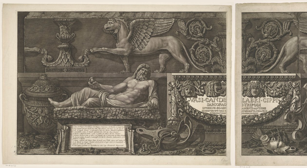 Title Page with Sculptures, Carved Reliefs, and a Sarcophagus with Title Vases, Candelabras, Tombstones, Sarcophagi, Tripods, Lamps, and Ornaments Designed and Engraved by Giovanni Battista Piranesi (series title) by Giovanni Battista Piranesi