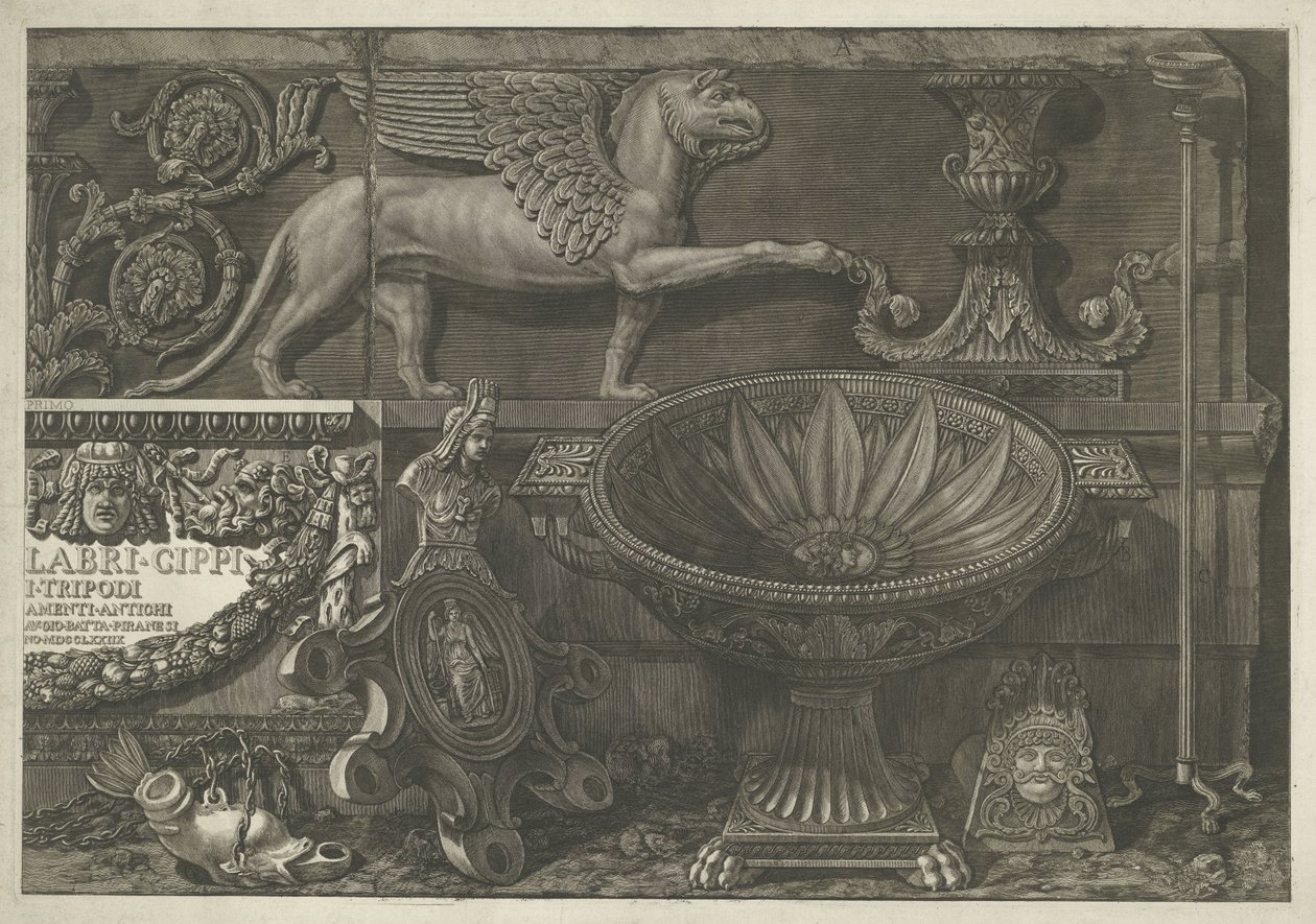 Title Page with Sculptures, Carved Reliefs, and a Sarcophagus with Title (Right Part) (Vases, Candelabras, Tombstones, Sarcophagi, Tripods, Lamps, and Ornaments Designed and Engraved by Giovanni Battista Piranesi series) by Giovanni Battista Piranesi