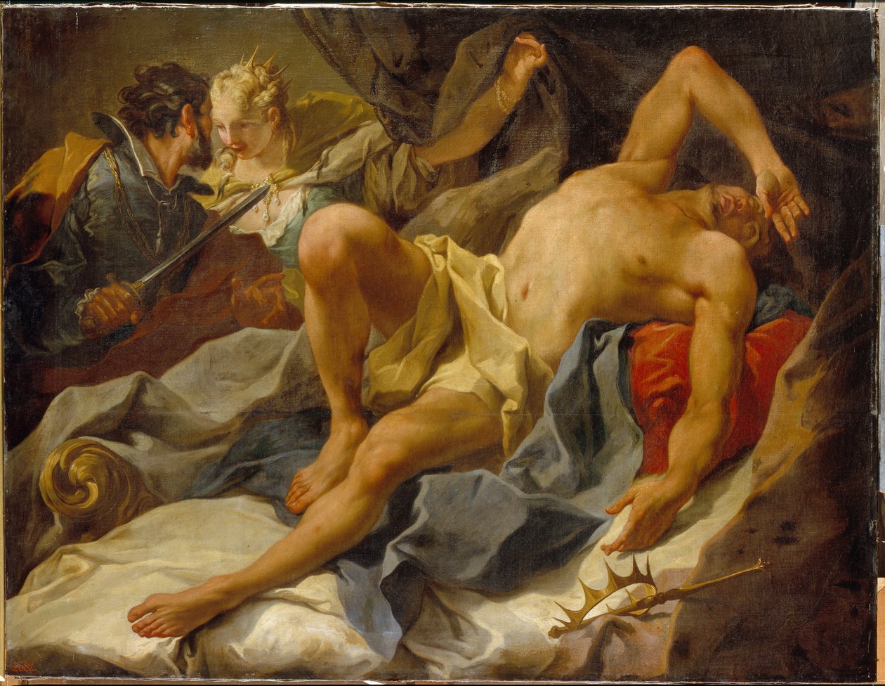 Death Of King Candaules - Assassinated by Gyges, his confidant and rival, who stabs him and marries his wife Queen Tudo by Giovanni Battista Pittoni