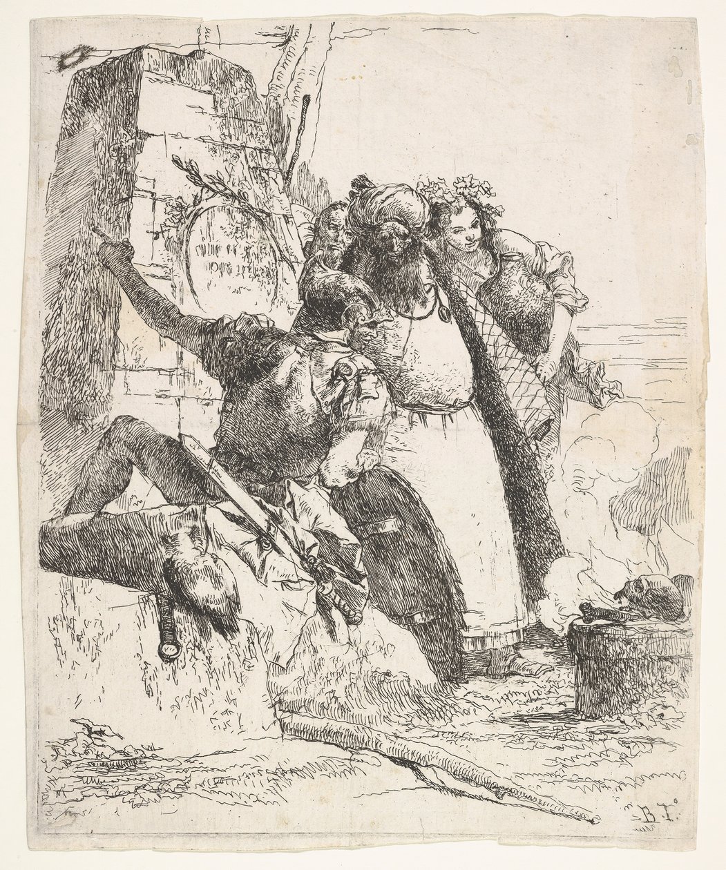 A Scene of Necromancy: A Woman Bearing a Vessel, a Turbaned Man, and a Soldier Look by Giovanni Battista Tiepolo