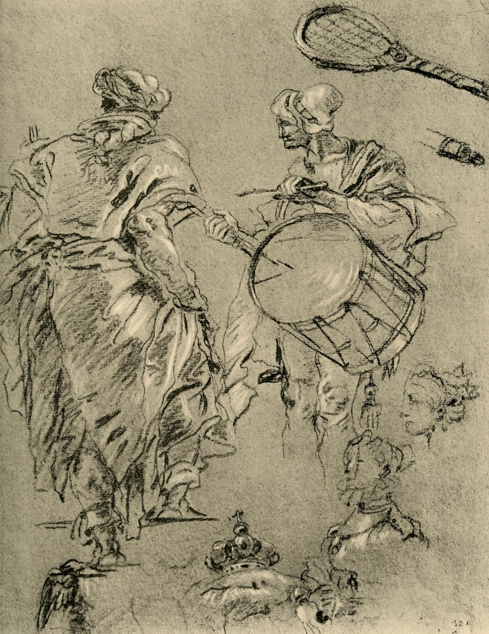 Man seen from behind, a drummer and small studies by Giovanni Battista Tiepolo