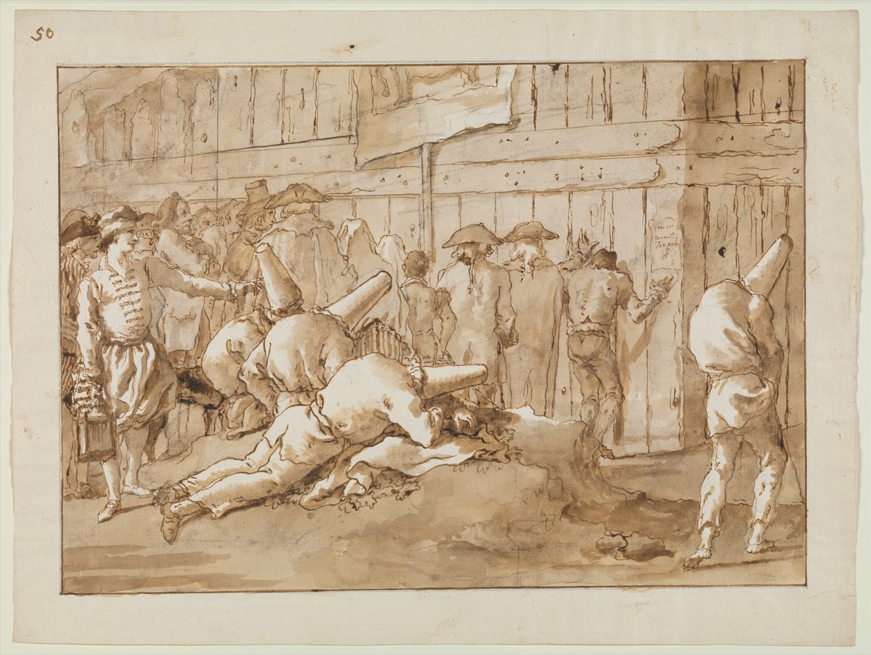 Punchinellos Outside a Circus by Giovanni Battista Tiepolo