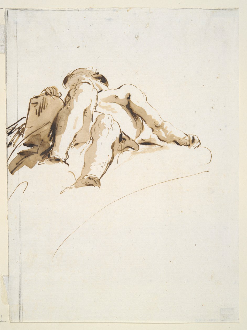 Reclining Male Nude with Right Hand Resting on a Stone Tablet, Seen from Below by Giovanni-Battista Tiepolo
