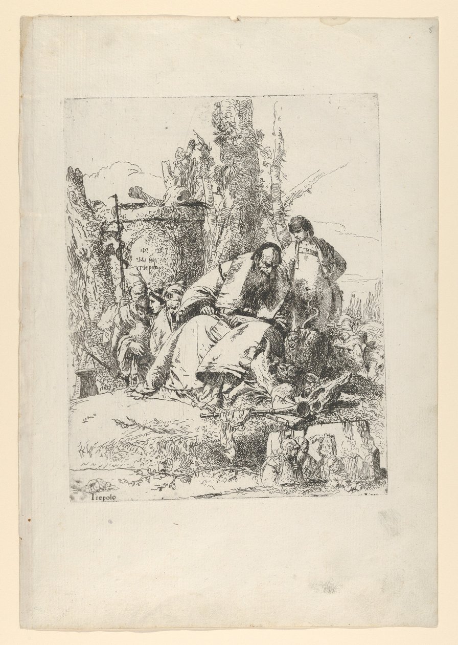 Seated magician, boy and four figures from the Scherzi di Fantasia by Giovanni Battista Tiepolo