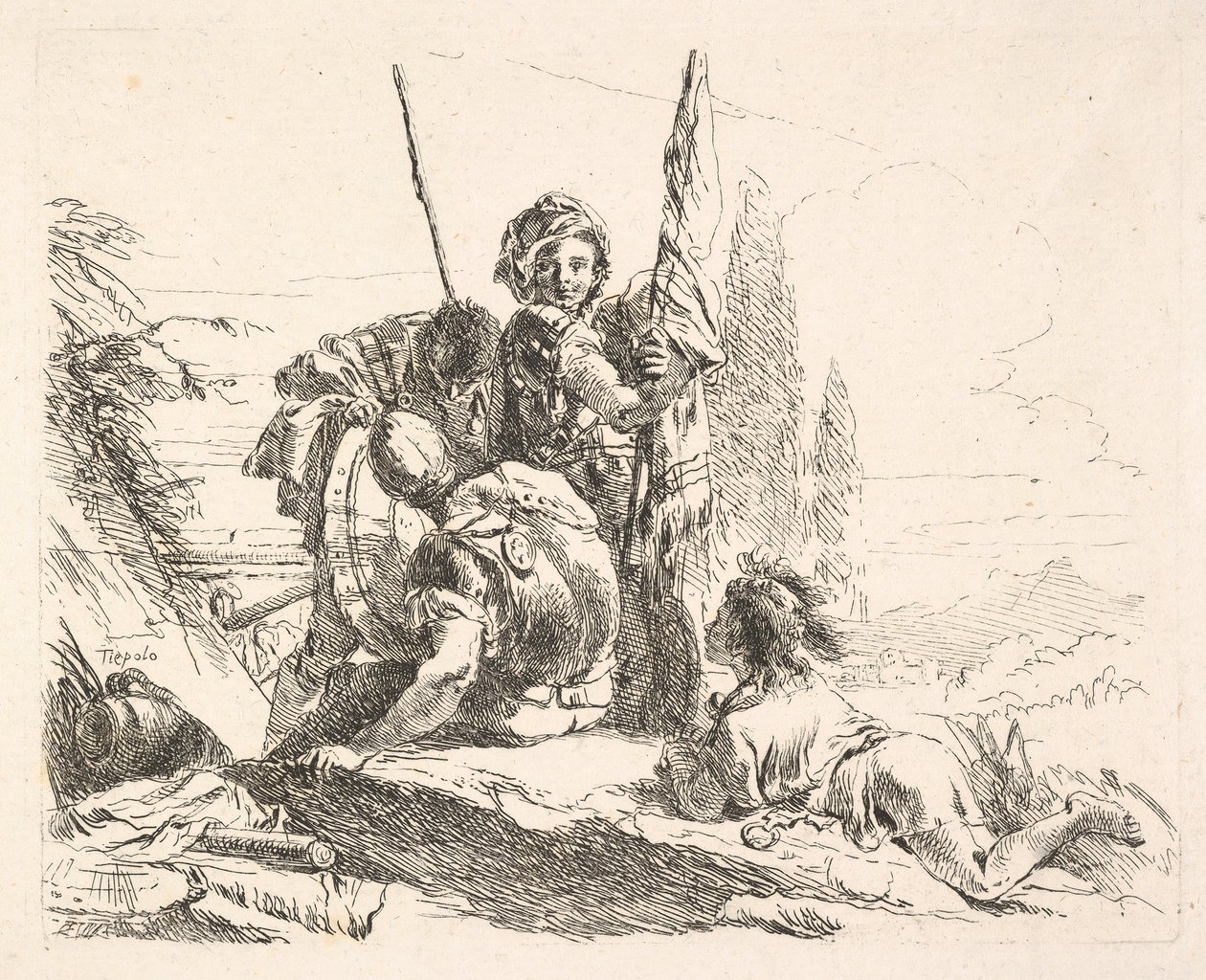 Three soldiers and a youth lying on his abdomen in a landscape, the soldiers bear a... by Giovanni Battista Tiepolo
